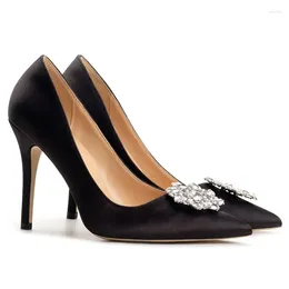 Dress Shoes Black Satin Cloth Pumps High Heels For Woman Basic 2024 Fashion Rhinestones Crystal Diamond Buckle Party Bride Women