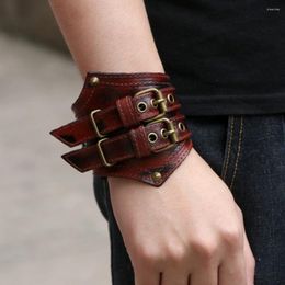 Charm Bracelets Rock Retro Cowhide Men's Bracelet Two-layer Wide Leather Unusual Boy