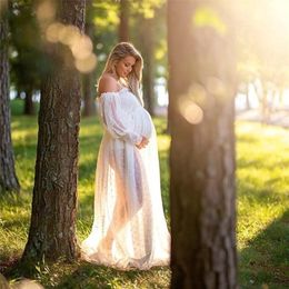 White Dot Tulle Maternity Pography Props Dress See Through Maternity Po Shoot Tulle Long Dress Lantern Sleeve 240129