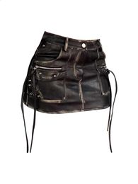 Summer Women Vintage Pu Faux Leather Mini Hip Wrap Skirt Gyaru Punk Design 2000s Aesthetic Y2k Streetwear Cyber Grunge 90s 24030