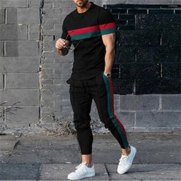 Men's Tracksuits Summer Casual Oversized Short Sleeve T Shirt Trousers 2 Piece Set Striped 3D Printed Men Tracksuit Suit Fashion Clothing