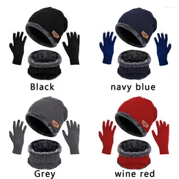 Berets 3Pcs Winter Beanie Hat For Men Knitted Cap Women Thick Wool Neck Scarf Balaclava Mask Bonnet Gloves Set