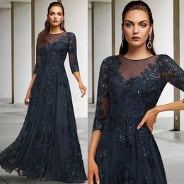 Elegant Mother Of The Bride Gowns Navy Blue Appliqued Lace Beaded 3/4 Sleeves Mother's Dress Mum of The Groom Dresses Gowns for African Arabic Black Women AMM095