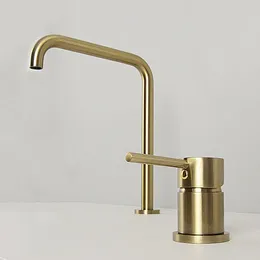 Kitchen Faucets Widespread Two Hole Faucet Brushed Gold 7 Pipe Long Water Tap Deck Mounted Sink 360 Rotation Cold Mixer