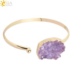 CSJA Cuff Bracelets for Women Purple Natural Stone Bangle Amythest Crystal Quartz Gold Color Bangles Adjustable Wedding Charm Jewe2193446