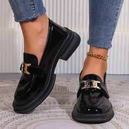Dress Shoes Ladies On Sale 2024 Fashion Slip Women's Pumps Autumn Round Toe Solid Metal Decoration Mid Heel Water Proof Loafers