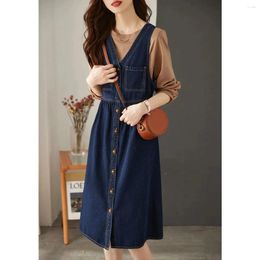 Casual Dresses Denim Suspender Dress Women 2024 Autumn Loose Overalls Female V-Neck Single Breasted Straps Jean Long