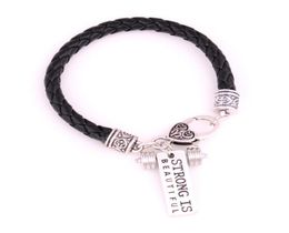 Apricot Fu White Black Leather Braided CrossFit Weight Lifting Fitness Dumbell Charm Bracelet quotStrong Is Beautifulquot3303895