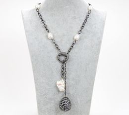 GuaiGuai Gioielli Coltivati Perla di riso bianco CZ Collana con catena di canna di fucile Keshi Perla Cz Pendente a goccia per le donne Vere gemme di pietra La5211131