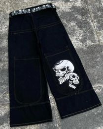 Men's Jeans Men Hip Hop Punk Skull Print Baggy Y2k Low Rise Wide Leg Denim Trousers Harajuku Black Casual Pants Loose Goth Streetwear