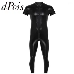 Women's Swimwear Mens Stretchy Faux Leather Short Sleeves Zipper Crotch Full Body Leotard Bodysuit Clubwear Evening Party Men Overalls