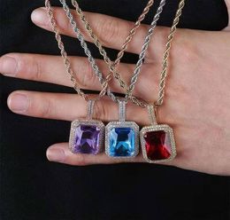 hip hop iced out gemstone pendant necklaces for men women luxury designer colorful gem bling diamond pendant ruby purple blue blac1928368