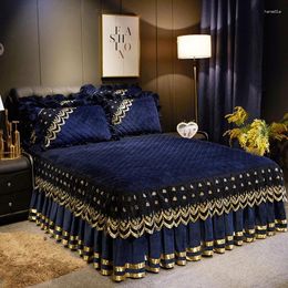 Bed Skirt Dark Blue Luxury Lace Winter Bedspread Thick Home Skirt-style Sheets Embroidery Cotton European-style Spreads
