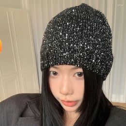 Ball Caps Sequin Hat Star Style Women Autumn Winter Black Glitter Knitted Street Cold Trendy Fashion Flash Accessory