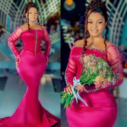 Fuchsia Plus Size Aso Ebi Prom Dresses Mermaid Illusion Long Sleeves Evening Gowns Formal Dresses for Black Women Bead Tulle Birthday Dresses Engagement Gowns NL526
