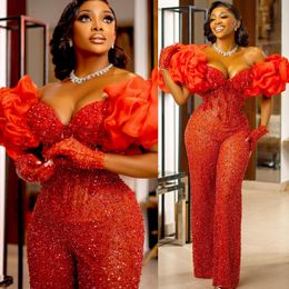 2024 Aso Ebi Mermaid Red Jumpsuits Prom Dress Beaded Crystals Sequined Evening Formal Party Second Reception Birthday Engagement Gowns Dresses Robe De Soiree ZJ31