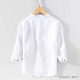 Men's Casual Shirts New arrival pure linen three-quarter sleeve white shirt men brand casual unique stand collar shirts for men tops mens camisas