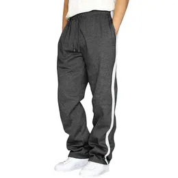 Men's Pants Men Sport Striped Elastic High Waist Pockets Trousers Fitness Gym Jogging Drawstring Loose Wide Leg Straight Pant