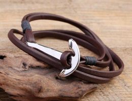 Silver Anchor Charm Men039s Multilayer Genuine Leather Bracelets Handmade Viking Jewelry for Gift6527986