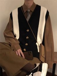 Men's Vests 2024 Vintage Style Contrast Color Knitted Loose Cardigan Casual Sweater Vest Fashion Trend Korean Students Coats V21