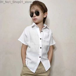 T-shirts 2024 Summer School Clothes Linen Cotton White Shirts Boys Girls Childrens T-Shirt Short Sleeve Top Tee Kids Blusa 90-140 Height Q240218