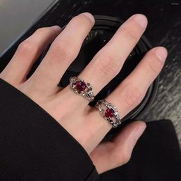 Cluster Rings Irregular Stone Y2K Aesthetic Girl Hollow Red Crystal Ring For Women Punk Flower Bud Open Vintage Jewelry Accessories