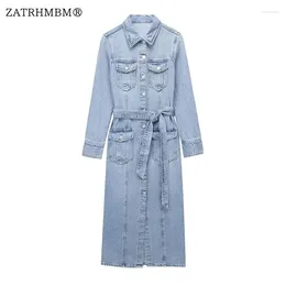 Casual Dresses ZATRHMBM Women 2024 Autumn Fashion With Belt Denim Dress Vintage Long Sleeve Button Up Female Vestidos Mujer