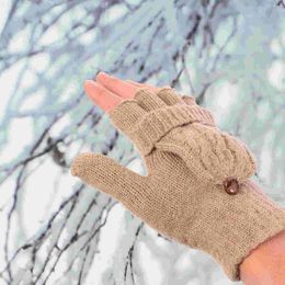 Cycling Gloves Women Winter Warm Wool Knitted Convertible Fingerless With Mitten Cover (Brown)