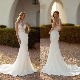 Simple Mermaid Wedding Dress Halter Bridal Gowns Sleeveless Appliques Illusion Custom Made Bride Dresses Vestido de novia