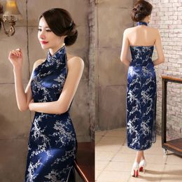 Navy Blue Vintage Lady Satin Evening Dress Chinese Novelty Backless Cheongsam Qipao Flower Size S M L XL XXL XXXL 240131