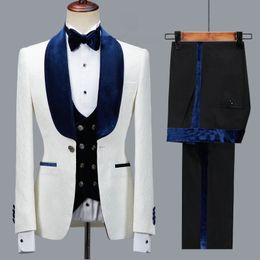 Navy Blue Velvet Men Suits Slim Fit Male Fashion Elegant Wedding Groom Tuxedos Codtume Homme Mariage 3PCSBlazerPantsVest 240123