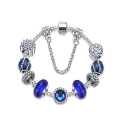 18 19 20CM Charm Bracelet 925 Silver Bracelets For Women Royal Crown Bracelet Blue Crystal Beads Diy Heart-shaped Jewellery with Crown2171915