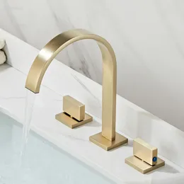 Bathroom Sink Faucets Basin Brushed Gold Faucet Full Brass Three-hole Tap Double Handle And Cold Water