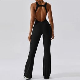 Fashion Hollow Backless Long Sport Flare Jumpsuit Fitness Overalls Black Brown Dance Jump Suit Gym Set 24030