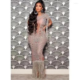 Stage Wear Sparkly Silver Rhinestone Fringe Transparent Short Birthday Celebrate Chain Shoulder Outfit Women Dancer Evening Dress