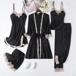 Women Black Lace Kimono Robe Sets Sexy Nightgown Bride Dressing Gown Sleepwear Rayon Pyjamas Suit Summer MXXL Casual Home Wear 240201