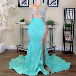 Aso 2024 Ebi Mermaid Sky Blue Prom Dress Beaded Crystals Sequined Evening Formal Party Second Reception Birthday Engagement Gowns Dresses Robe De Soiree ZJ32 es
