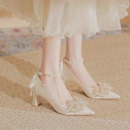 Dress Shoes For Women 2024 Fashion Women's High Heels Sexy Elegant Pointed Toe Square Heel Bow Tie Pearl Ladies