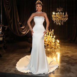 Beaded Neck Wedding Dresses Mermaid Long Sleeve Bridal Gown Pleat Button Back Satin vestido de novia