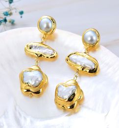 GuaiGuai Jewelry Natural Pearl Gold Plated Cultured White Biwa Pearl Keshi Pearl Dangle Stud Earrings Handmade For Women Real Gems3559125