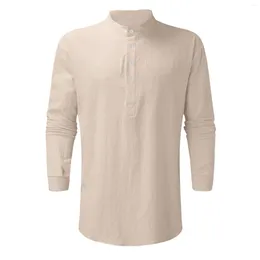 Men's Casual Shirts Cotton Linen Classic Solid Colour Long Sleeve Top Blouse Stand Collar Button Spring Daily Wear Hombre