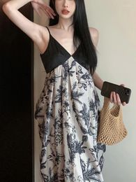 Casual Dresses 2024 Summer Ink Printing French Elegant Vintage Long Dress Sleeveless Beach Style Floral Midi Women One Piece