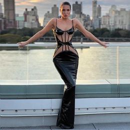 Casual Dresses Women Sexy Party Club Mesh Pu Leather Bodycon Sheer Black Long Dress 2024 Summer Clothes Wholesale Items For Business