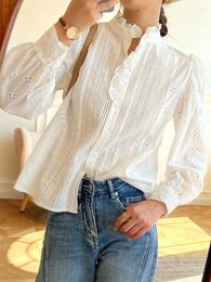 Women's Blouses Elegant Chic Blouse Women Cotton White Hollow Out Embroidery Shirt 2024 Autumn Spring Fashion Long Sleeve Casual Tops Ladies