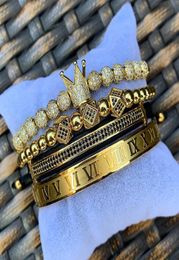 4PcsSet Classical Handmade Braiding Bracelet Gold Men Pave CZ Zircon Crown Roman Numeral Stainless Steel Bracelet Luxury2664919