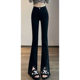 Fat Mm Oversized Black Micro Flared Pants for Women's 2023 Autumn High Waisted Slit Jeans Korean Version Slimming Flared Pants Extended