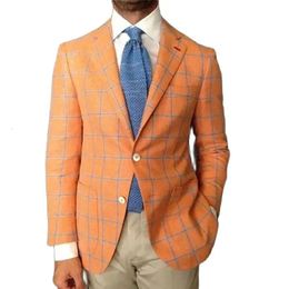 Men's Suit Coat Casual Fashion Orange Plaid Print Polo Collar Suit Coat Long Sleeve Double Button Casual Daily Wear Coat 240125