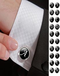 1 Pair Business White on Black Letters Men Suits Shirt Cuff Links Silver Plated Glass Cabochon Wedding Cuff Accessories4981617