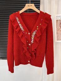 Women's Knits Korean Fashion Christmas Red Cardigan Sweater V Neck Single Breasted Ruffles Pearls Diamonds Knitted Jacket Coat