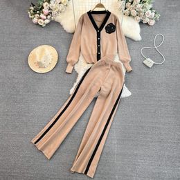Women's Two Piece Pants ALPHALMODA 2024 Winter Long-sleeved V-Neck Knitted Flower Cardigan Coat High Waist Straight 2pcs Fashion Suit
